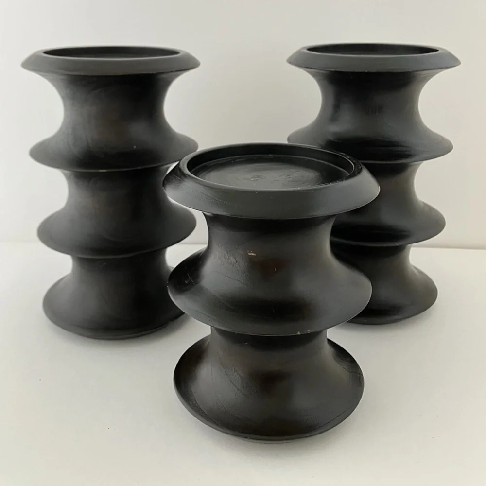 Crate & Barrel Lot of 5 Ridged Pillar Holders, SOLID WOOD in Espresso Finish